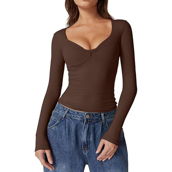 Sweetheart-neck ruched long-sleeve fitted top