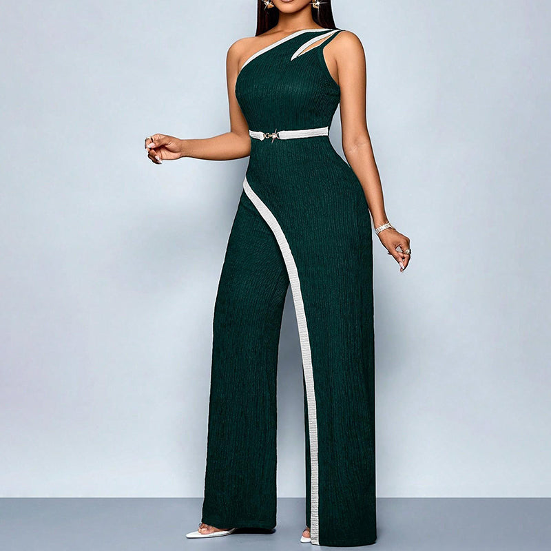 Color Block One Shoulder Cutout Sleeveless Jumpsuit
