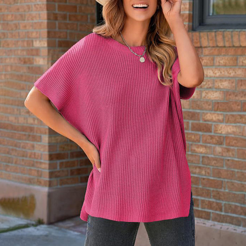Solid Color Crew Neck Knit T-Shirt – Casual Pullover Sweater Top