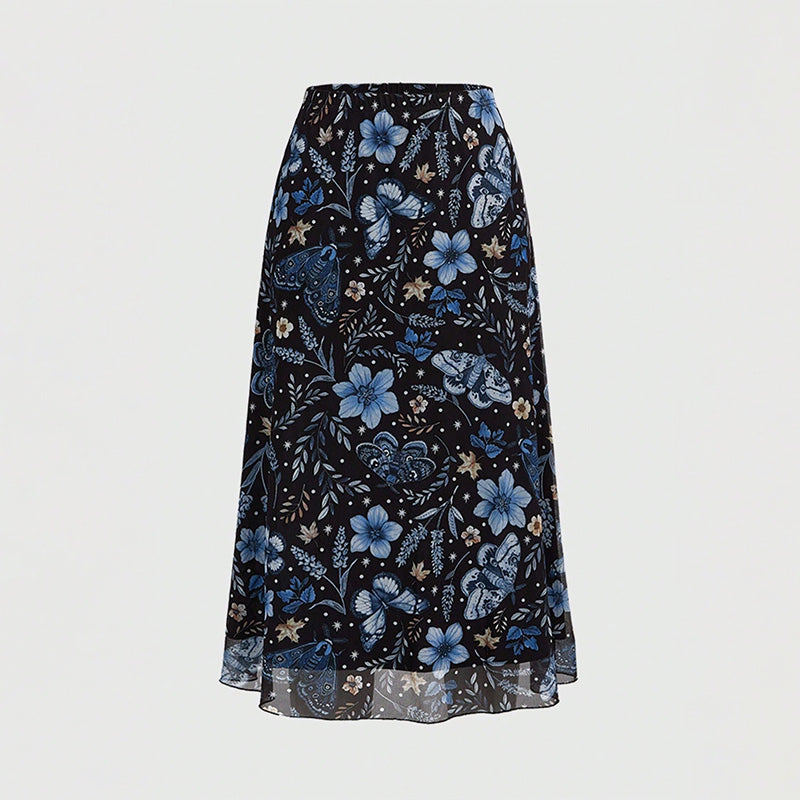 Floral Print Mesh High Waist A-Line Skirt