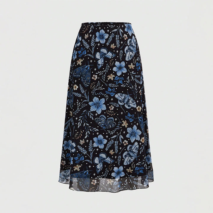 Floral Print Mesh High Waist A-Line Skirt