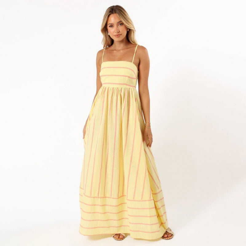 Striped Backless Spaghetti Strap Flowing Maxi Dress