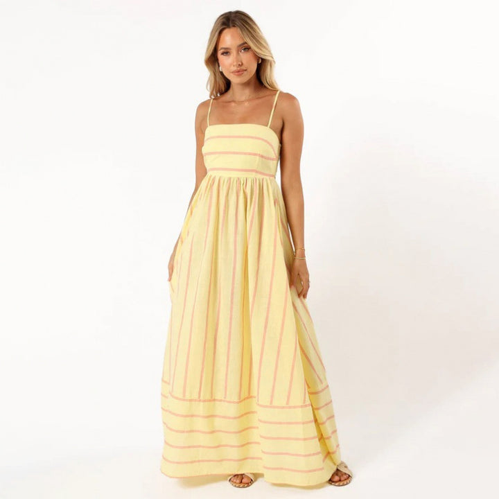 Striped Backless Spaghetti Strap Flowing Maxi Dress