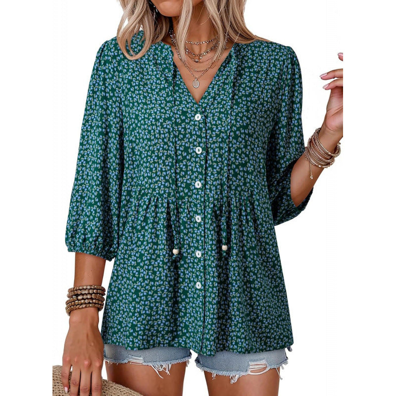 Floral V Neck Button Down Tunic Blouse