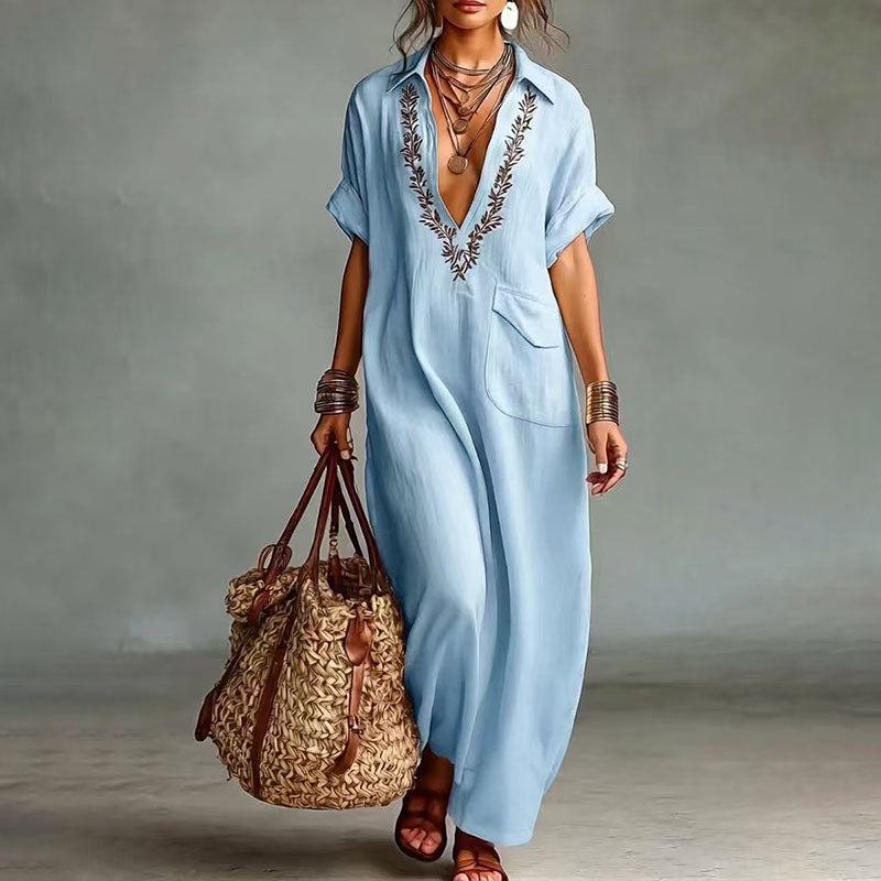 Collared short-sleeved V-neck loose dress