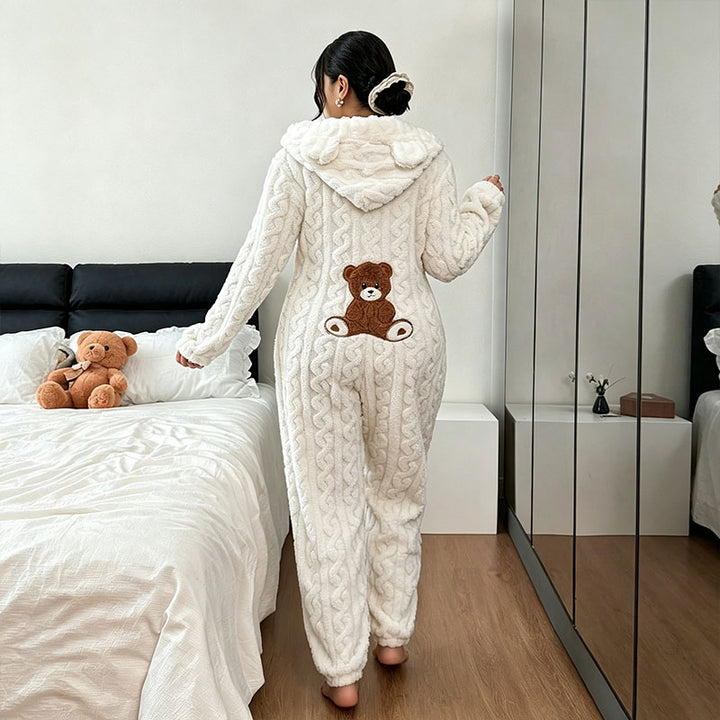 Bear Pattern Plush Hooded Onesie Pajamas
