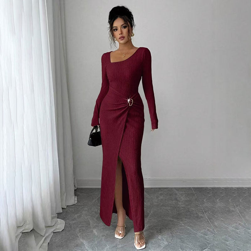 Asymmetrical neckline fitted slit dress