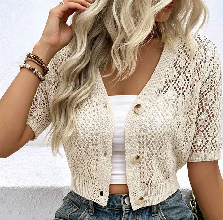 Short Sleeve Openwork Knit Cardigan