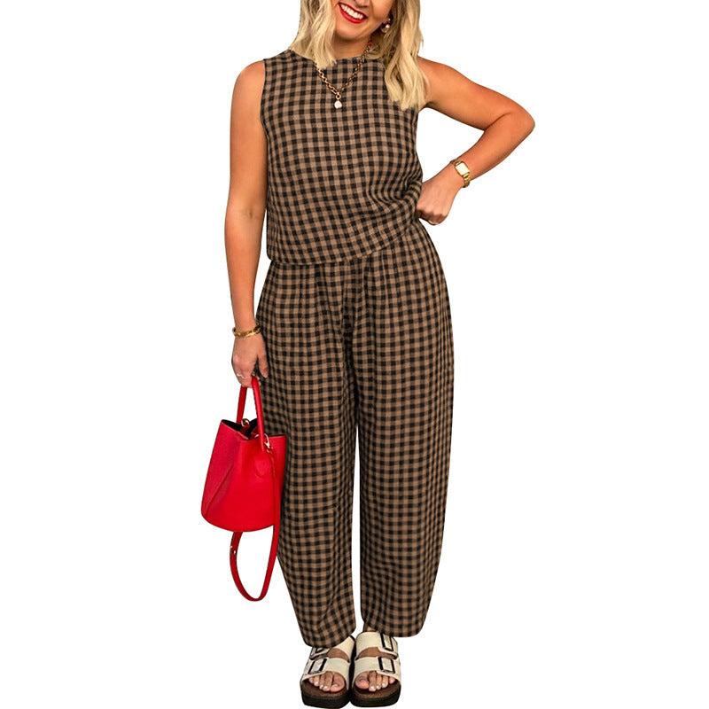 Plaid Sleeveless Top and Trousers Set