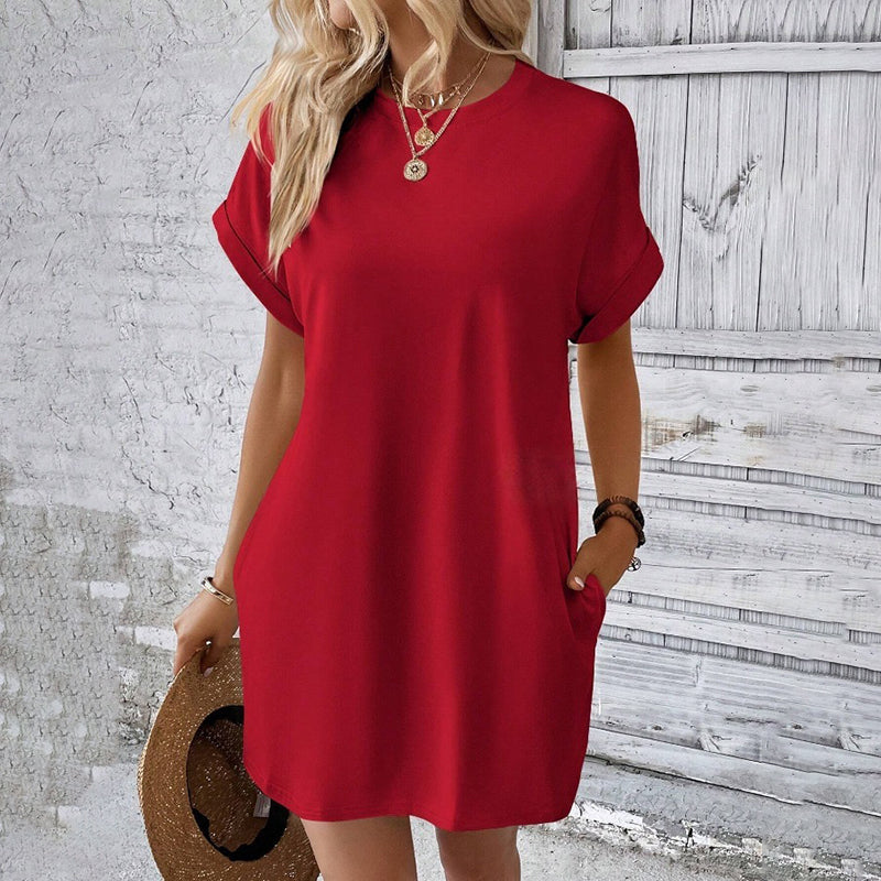 Casual Solid Color Batwing Sleeve Pocket Dress