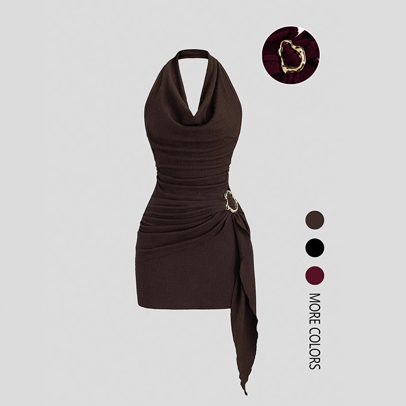 Elegant Solid Color V-Neck Halter Backless Mini Dress