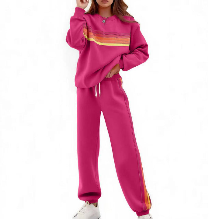 Crew Neck Color Stripe Sweatshirt Jogger Set