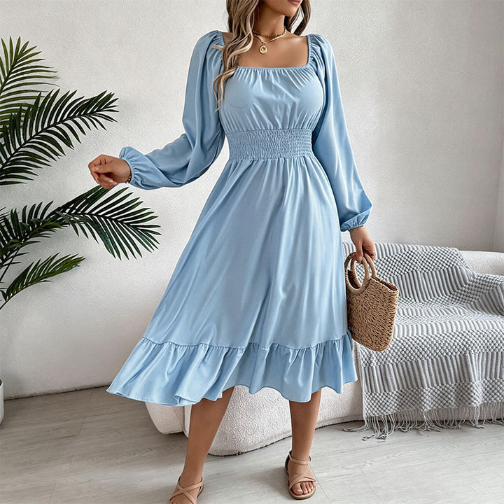 Square neck puff sleeve pleated dress