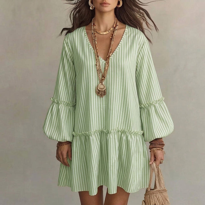 V-neck striped ruffle lantern sleeve dress
