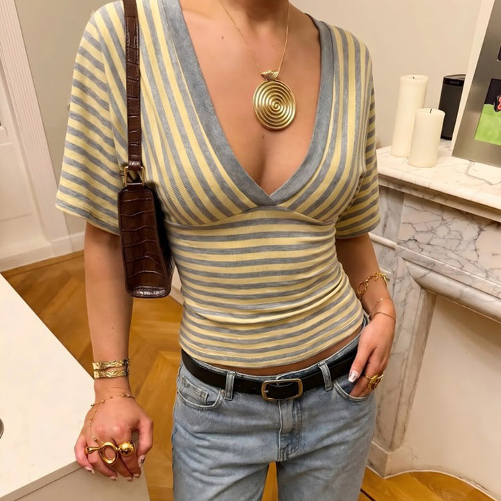 Vintage Striped V-Neck Cropped Waist Slim Fit Short Sleeve T-Shirt