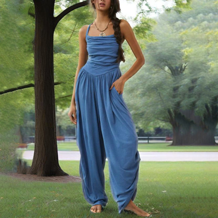 Summer New Ruched Waist Tie-Back Halter Neck Wide Leg Jumpsuit
