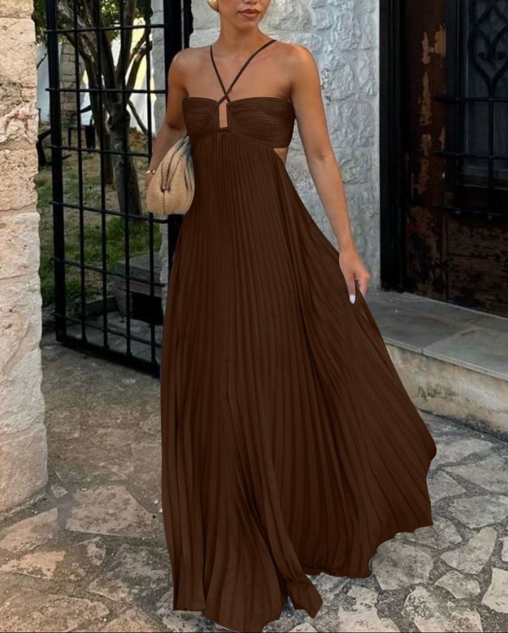 Ladies Back Tie Halter Pleated Beach Sundress