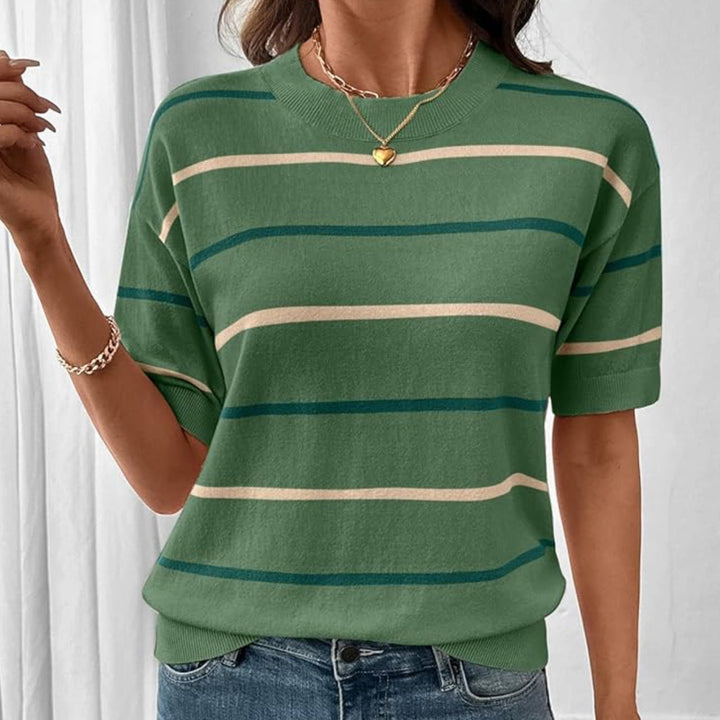 Crew Neck Color Block Stripe Knit Tee