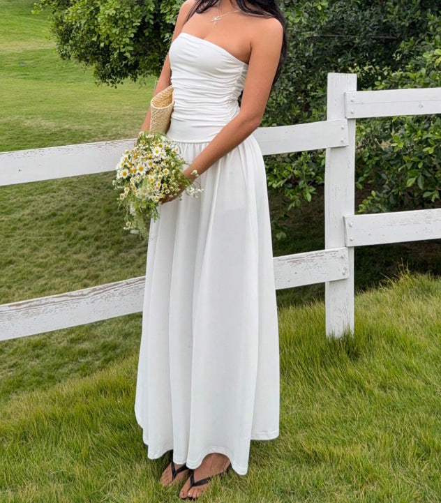 Solid-color strapless ruched dress