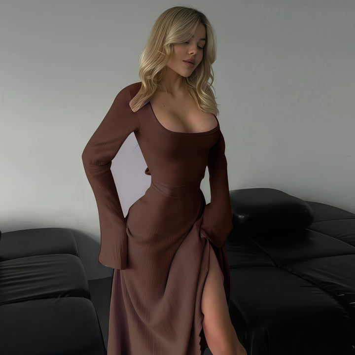 Elegant Square Neck Long Sleeve Lace-Up A-Line Maxi Dress