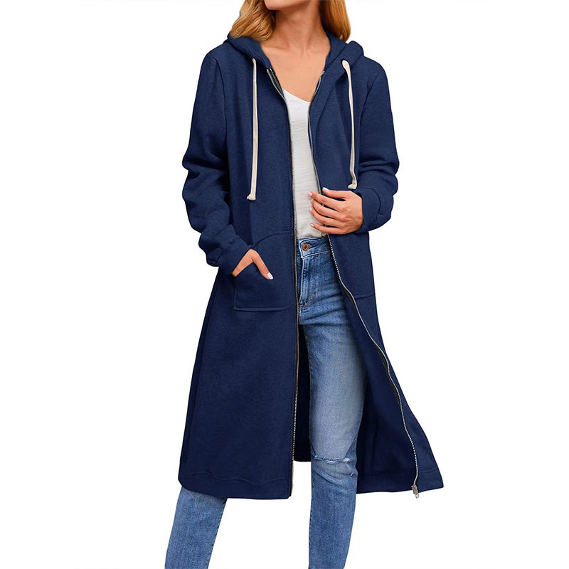 Long zip-up hooded sweatshirt jacket