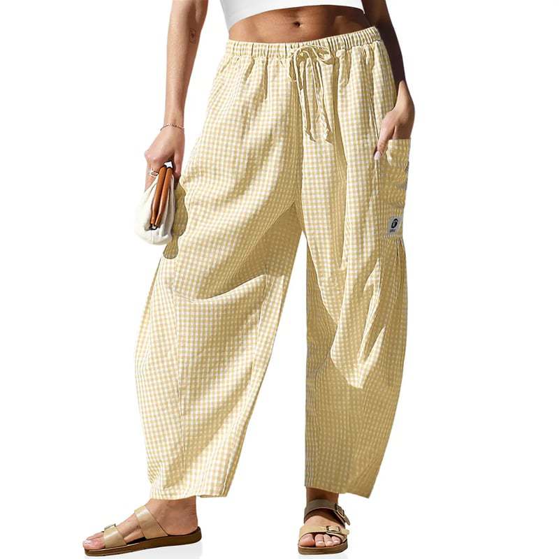 Linen Plaid Wide Leg Casual Pants
