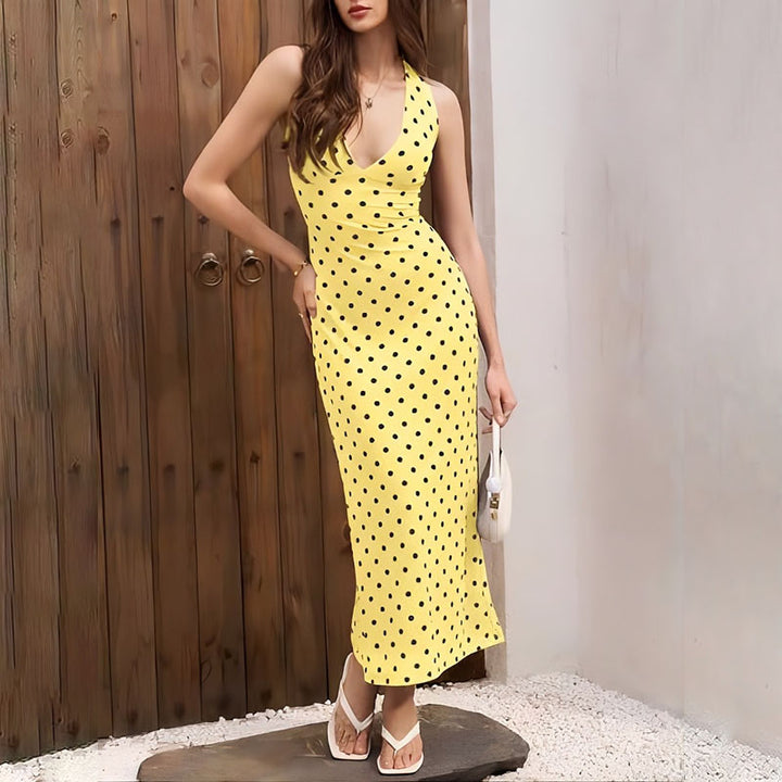 Deep V-neck fitted polka-dot dress