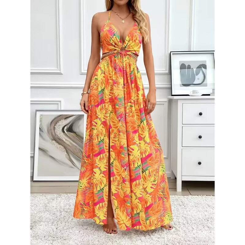Open-back printed camisole dress with side slit