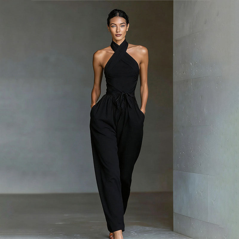 Front crossover halter wide-leg jumpsuit