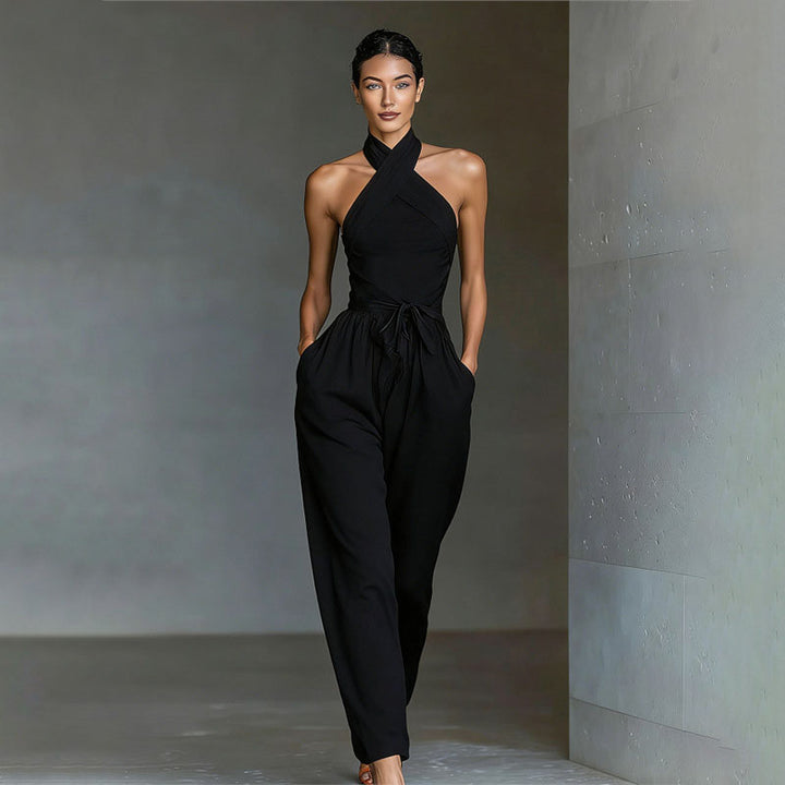 Front crossover halter wide-leg jumpsuit