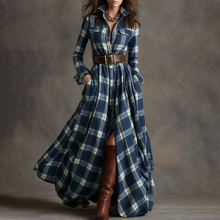 Vintage-style plaid long-sleeve dress