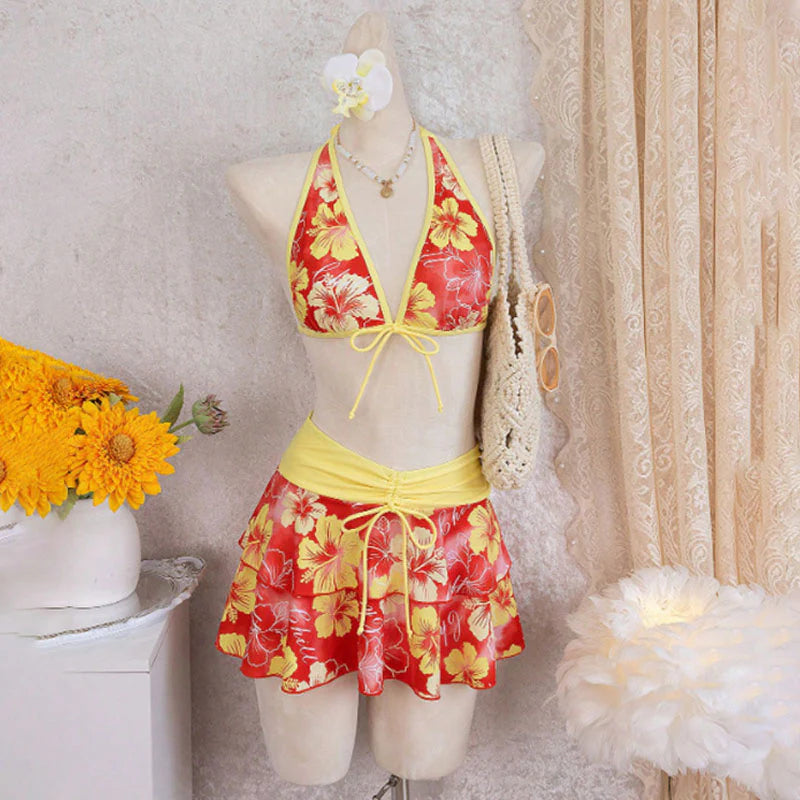 Tropical Print Halter Bikini with Swim Skirt 3-Piece Set