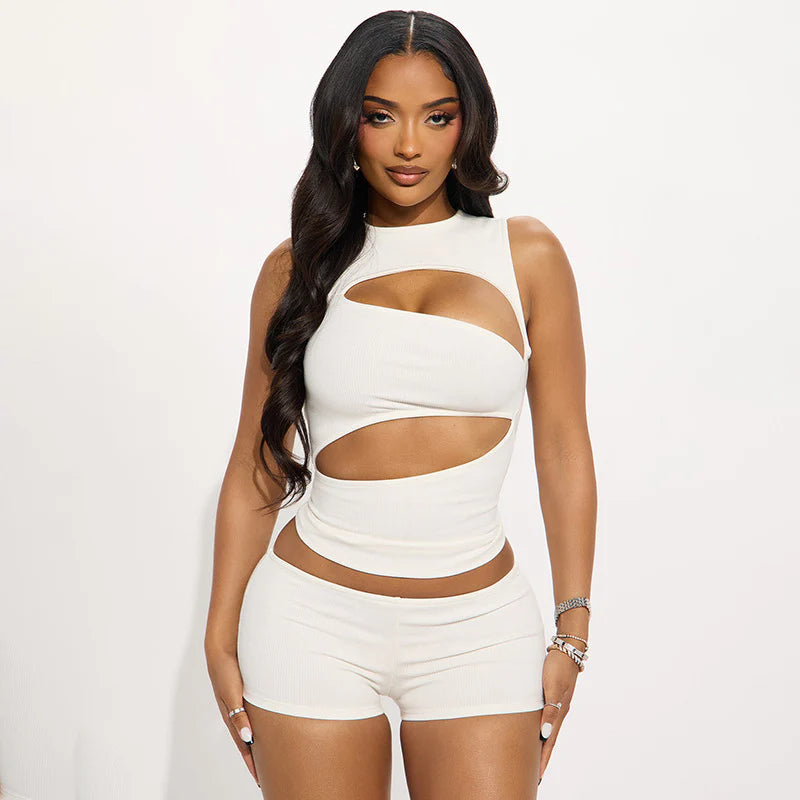 Form-fitting cut-out sleeveless top and shorts set