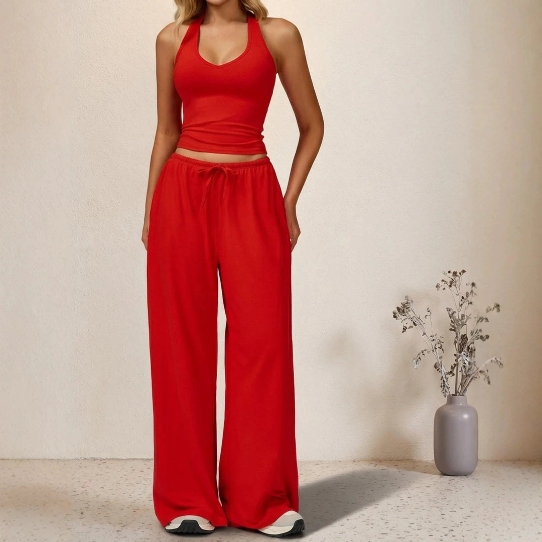 Halter-neck sleeveless cropped top and drawstring wide-leg pants set