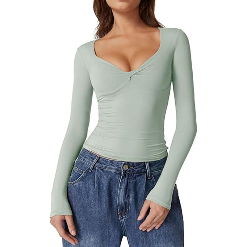 Sweetheart-neck ruched long-sleeve fitted top