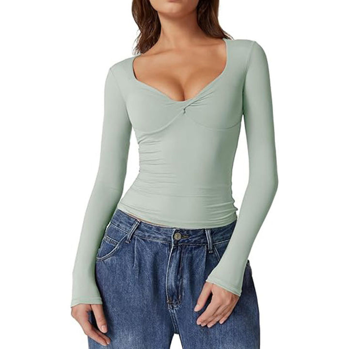 Sweetheart-neck ruched long-sleeve fitted top