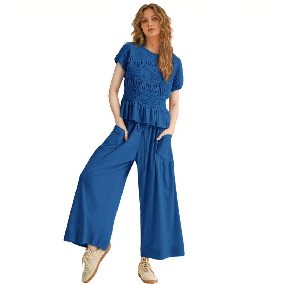Smocked Top Wide Leg Pants Two Piece Set