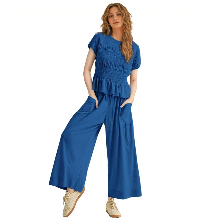 Smocked Top Wide Leg Pants Two Piece Set