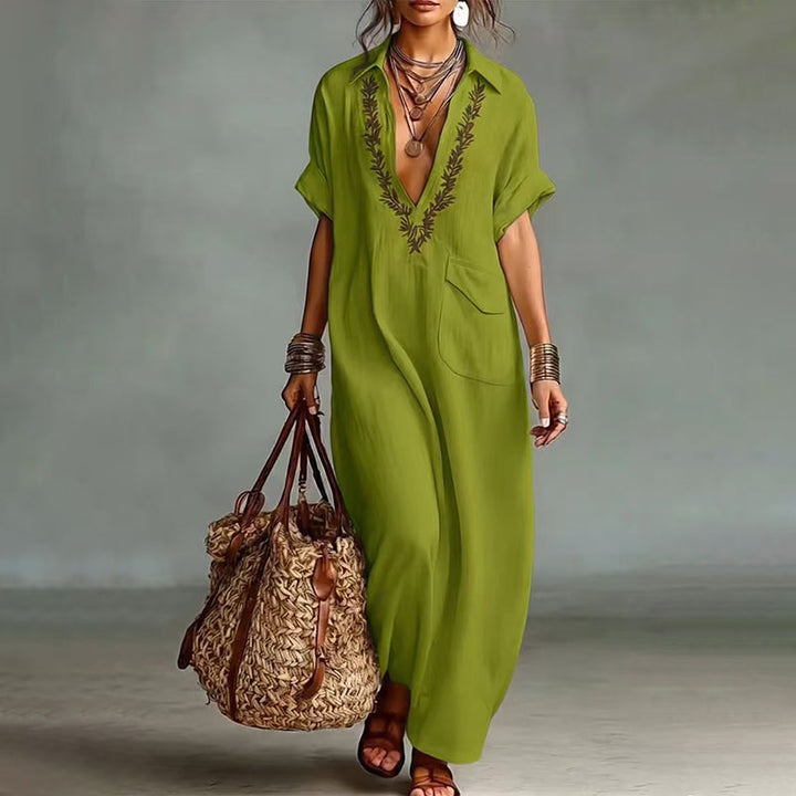 Collared short-sleeved V-neck loose dress