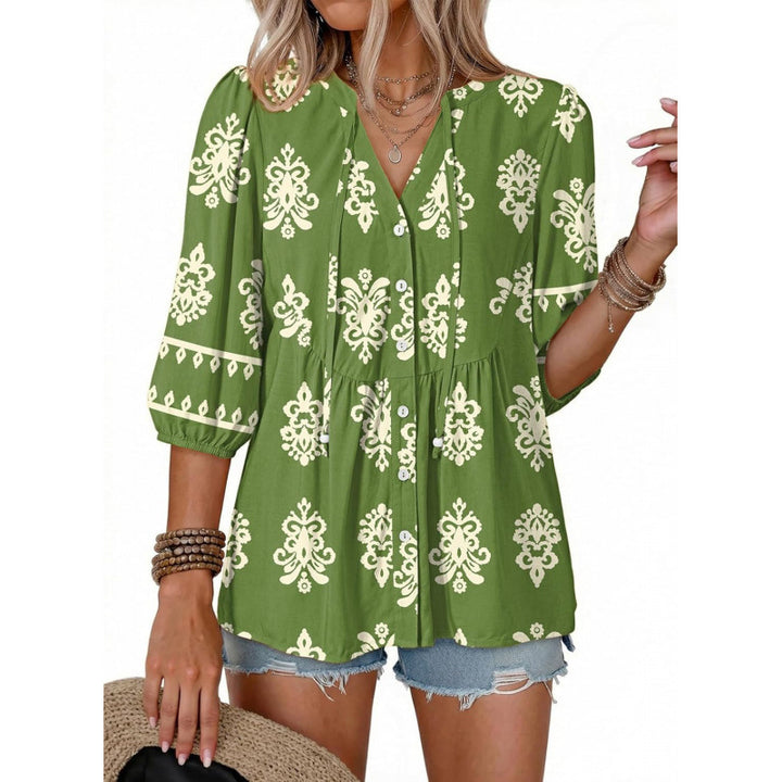 Floral V Neck Button Down Tunic Blouse