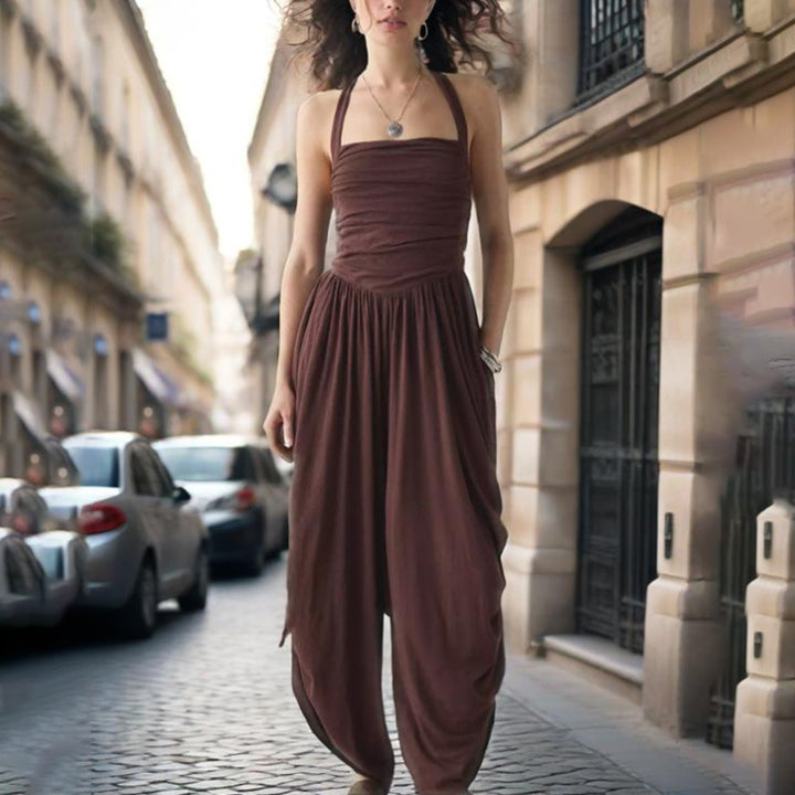 Summer New Ruched Waist Tie-Back Halter Neck Wide Leg Jumpsuit