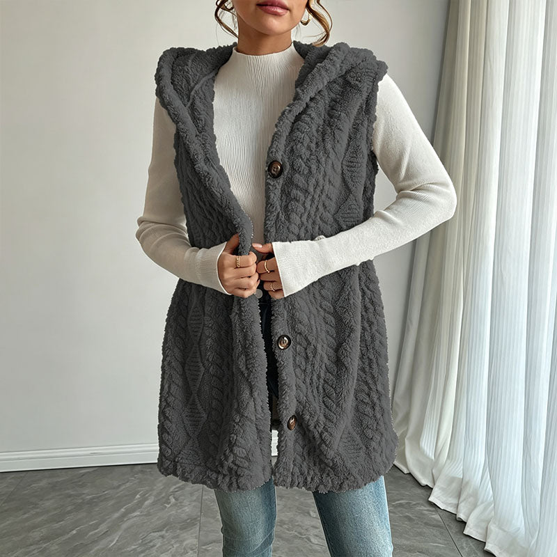 Hooded plush sleeveless jacket