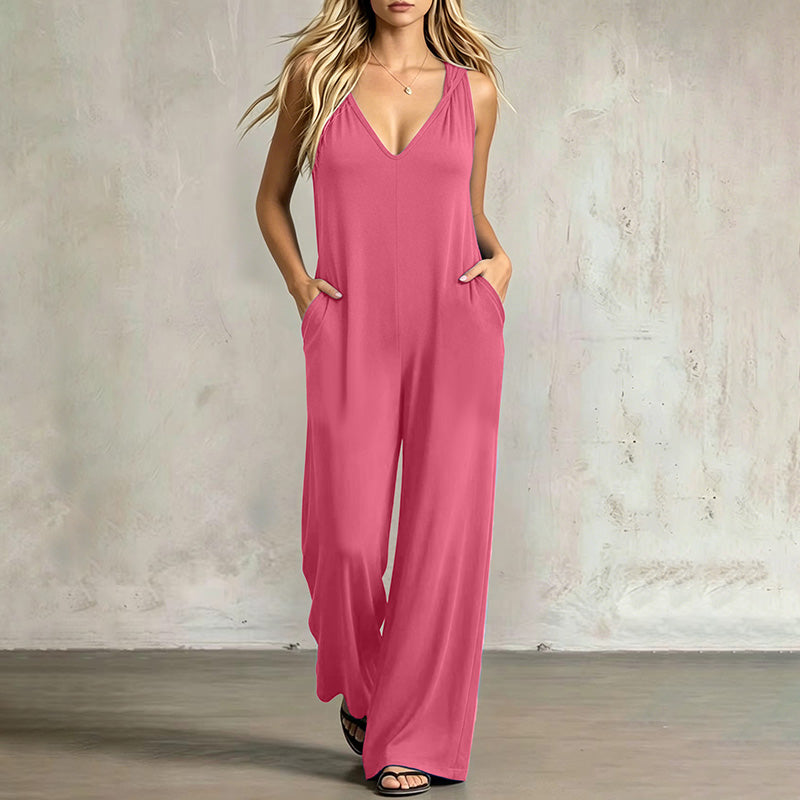 Solid-color V-neck hooded jumpsuit