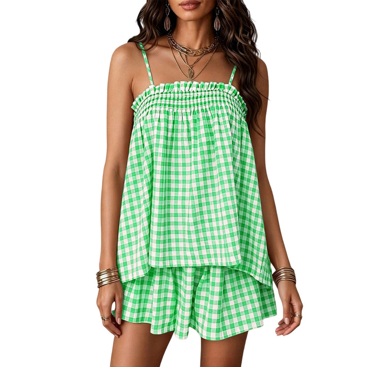 Casual Plaid Sling Top Loose Shorts Vacation Suit
