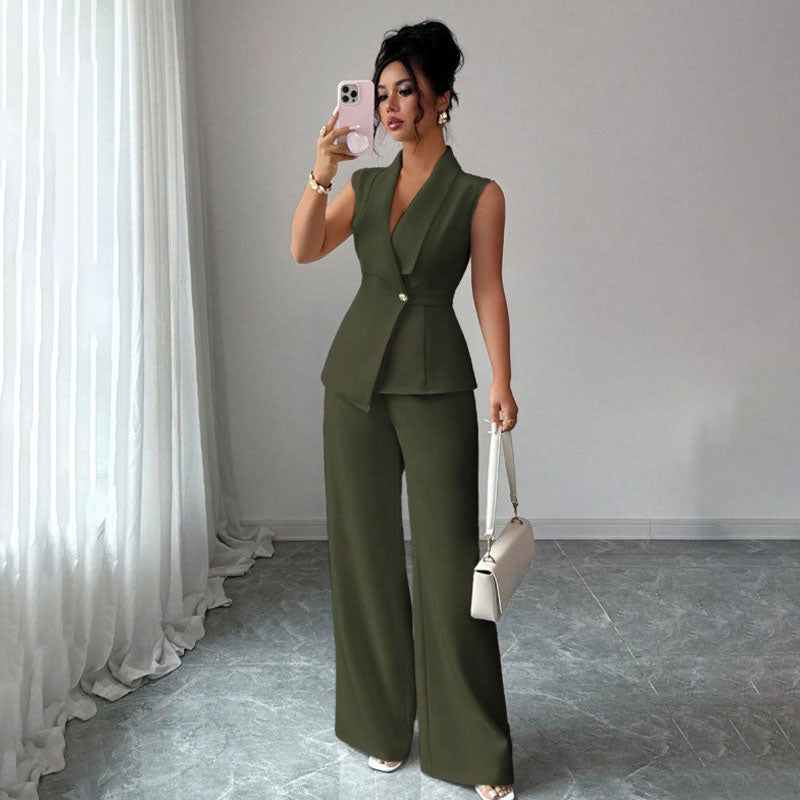Sleeveless suit vest and wide-leg trousers set