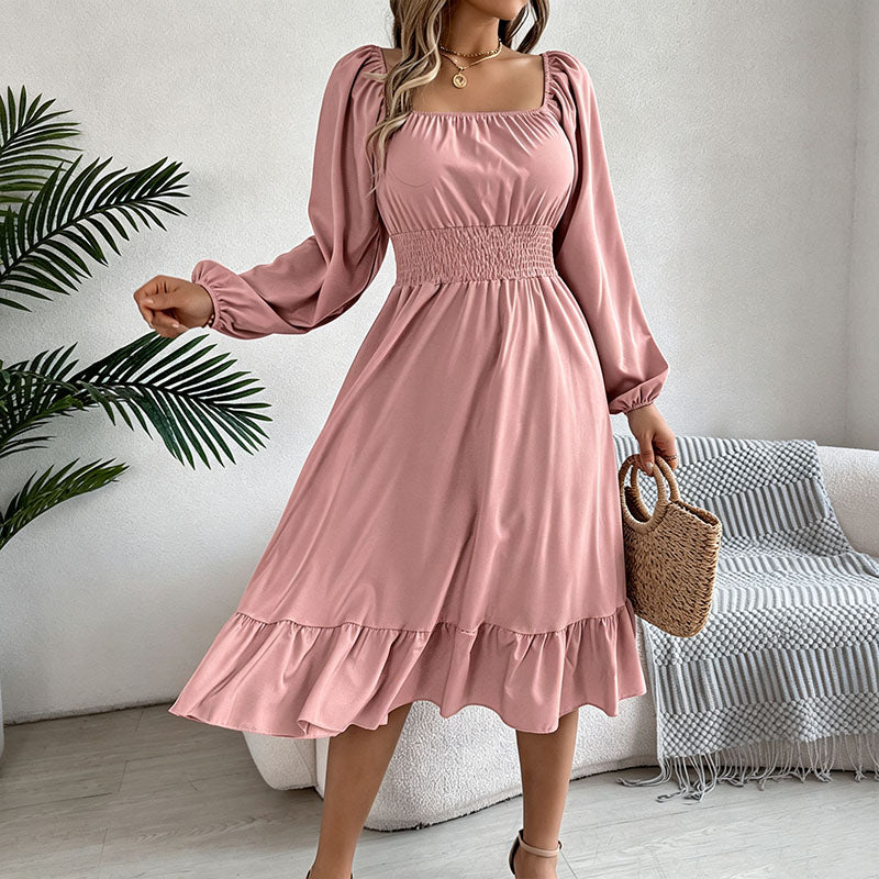 Square neck puff sleeve pleated dress