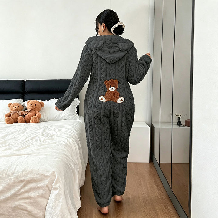 Bear Pattern Plush Hooded Onesie Pajamas
