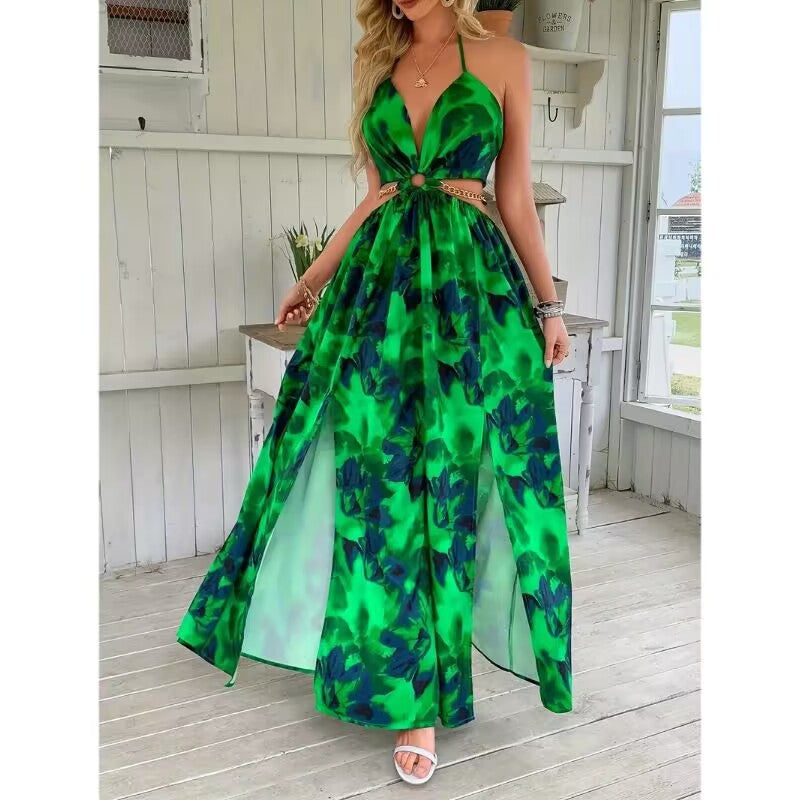Open-back printed camisole dress with side slit