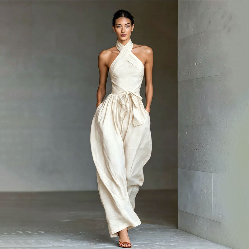 Front crossover halter wide-leg jumpsuit