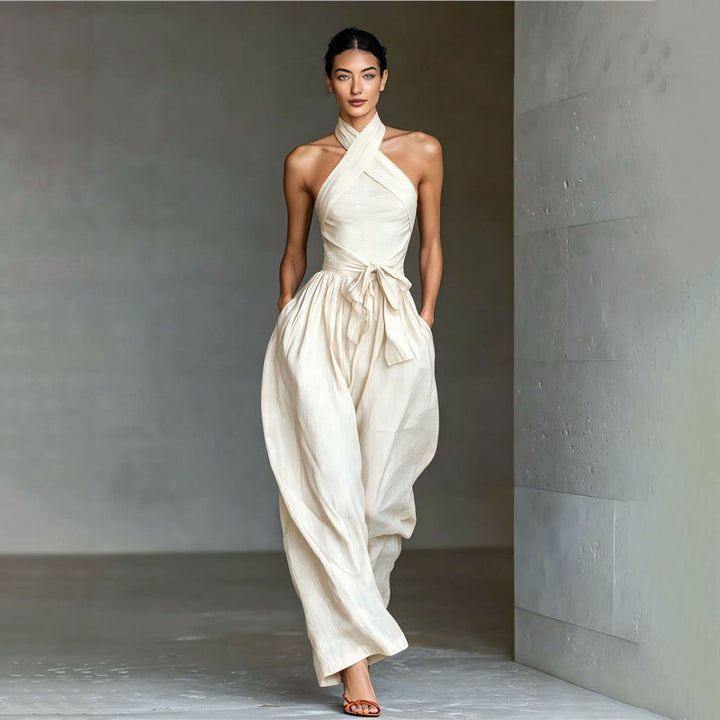 Front crossover halter wide-leg jumpsuit